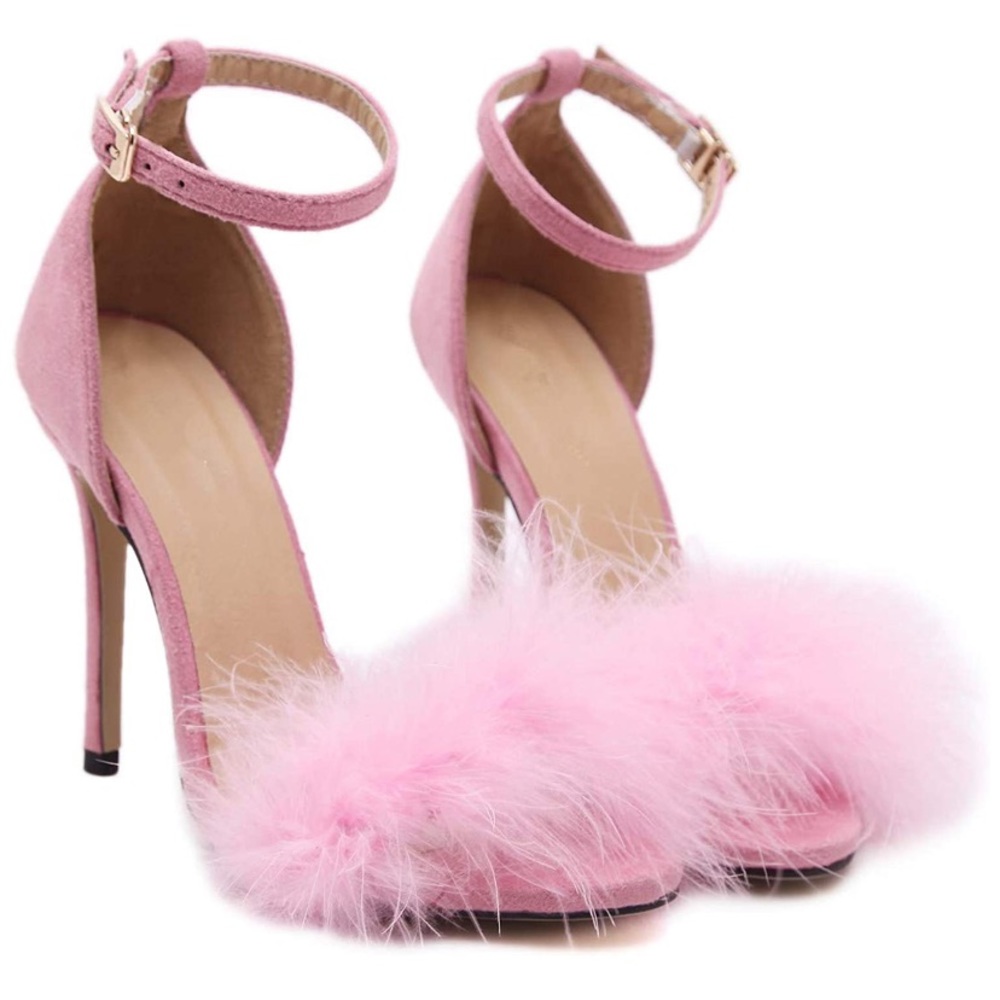 Pink Fluffy Fuzzy Open Toe Heels w/ Ankle Straps